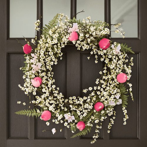 Spring Blossom Wreath, 26-Inch Diameter with White Berries, Pink Tulips, and Lush Greenery