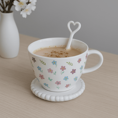 Irregular Shape Floral Mug, 400ml Capacity with Pretty Design