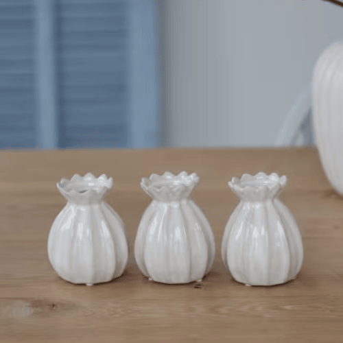 Set of 3 Petal Mini Ceramic Vases, White Stoneware for Elegant Floral Displays
