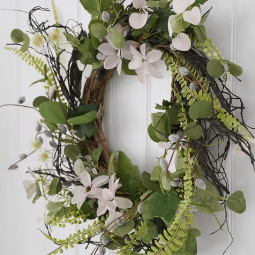 Spring Flowers Wreath, Handcrafted with Faux Flowers and Realistic Foliage for Year-Round Elegance
