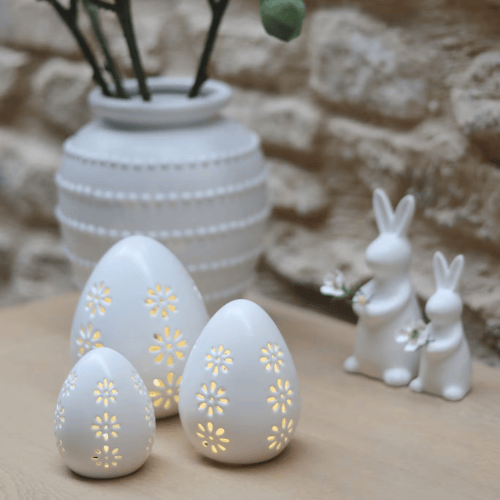 3-Piece LED Easter Egg Set, Floral Cut-Out Detail with Matt White Finish