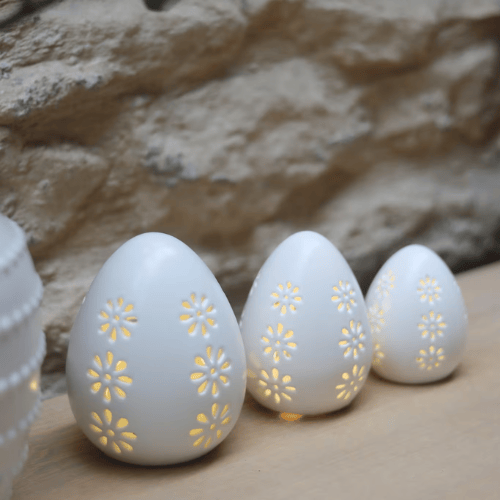 3-Piece LED Easter Egg Set, Floral Cut-Out Detail with Matt White Finish