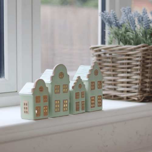 Summer Green Ceramic LED Houses, Set of 4 with Soft Glowing Illumination