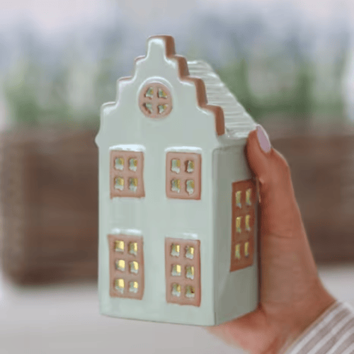 Summer Green Ceramic LED Houses, Set of 4 with Soft Glowing Illumination