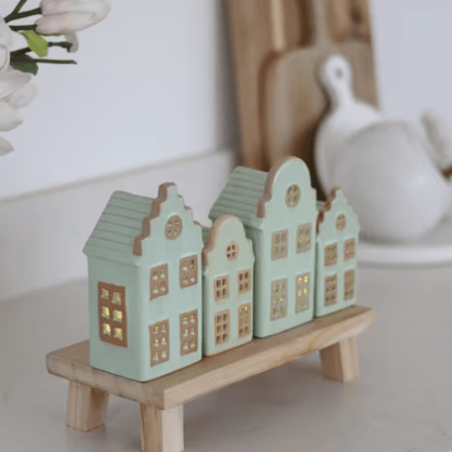 Summer Green Ceramic LED Houses, Set of 4 with Soft Glowing Illumination