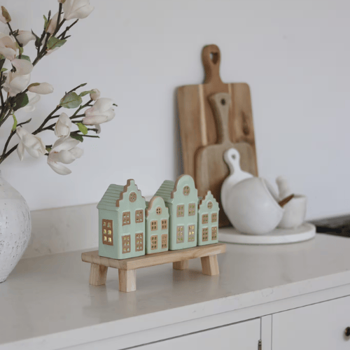 Summer Green Ceramic LED Houses, Set of 4 with Soft Glowing Illumination