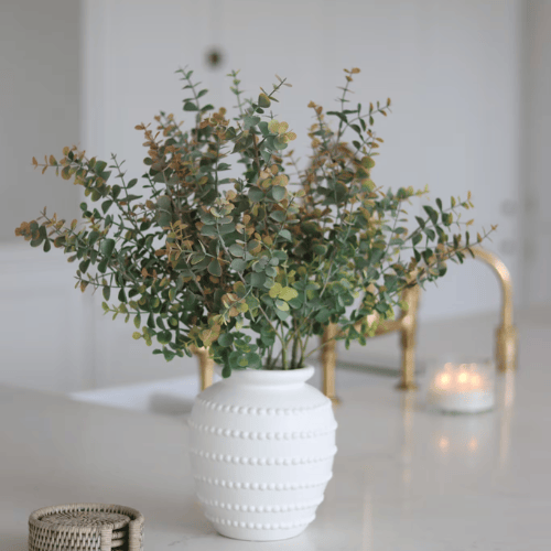 Faux Summer Eucalyptus Spray, Orangey Green Tones with Realistic Looks