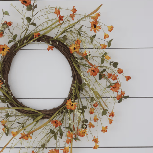 Summer Wildflower Wreath, Vibrant Orange Tones with Realistic Blooms for Exterior Door or Decor