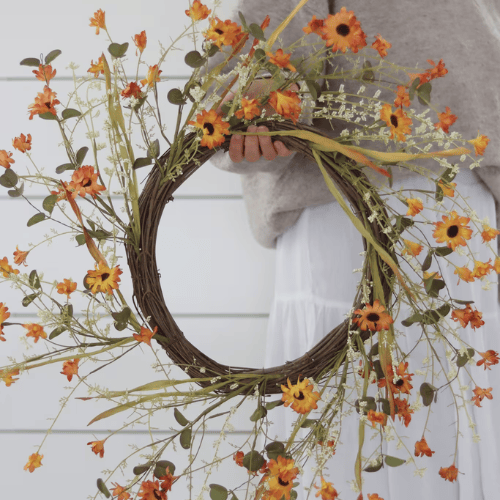 Summer Wildflower Wreath, Vibrant Orange Tones with Realistic Blooms for Exterior Door or Decor