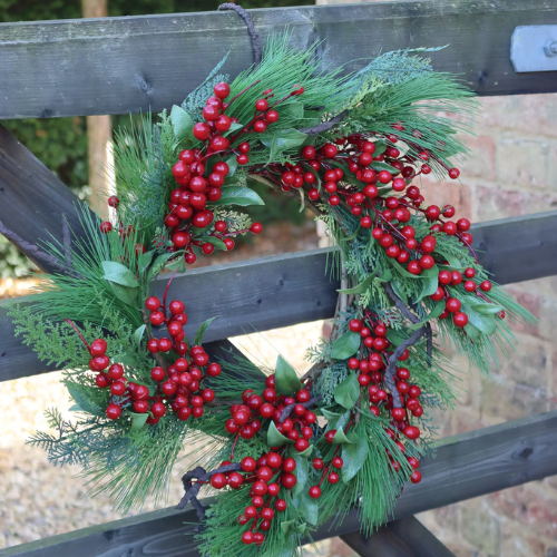 Red Berry Pine Wreath, Large Door Wreath with a Vibrant Winter Theme