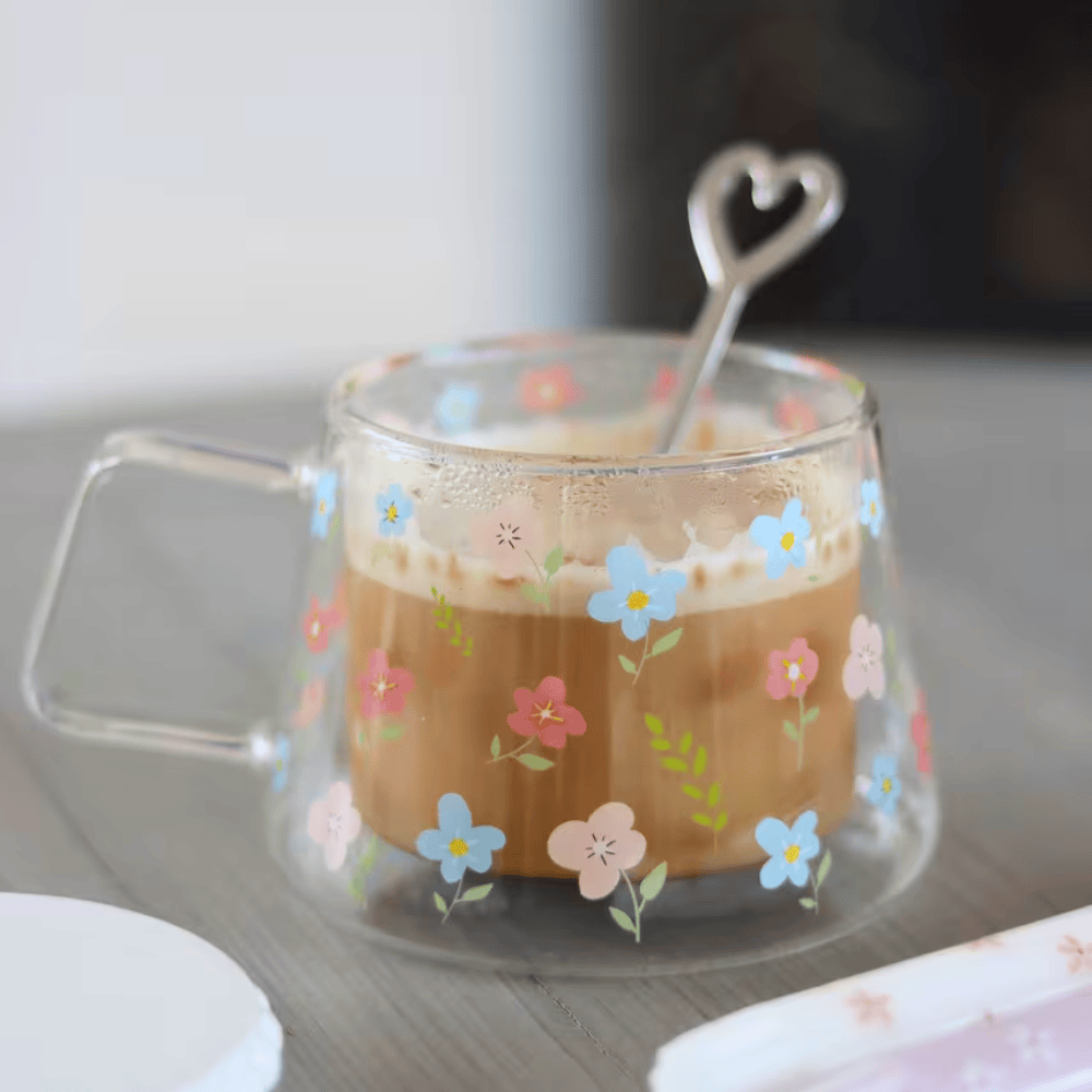 Lightweight Double Wall Glass Mug with Flower Design