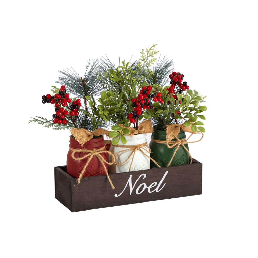 12in Holiday Noel Tray with Pine and Berries Three Piece Jars