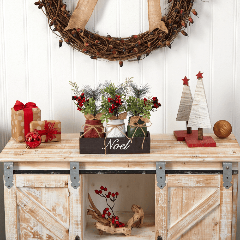 12in Holiday Noel Tray with Pine and Berries Three Piece Jars