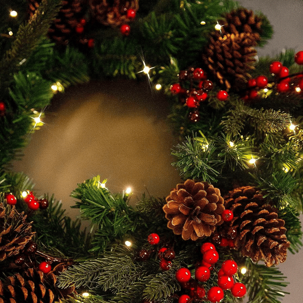 LED Christmas Wreath and Garland with Berries & Cones