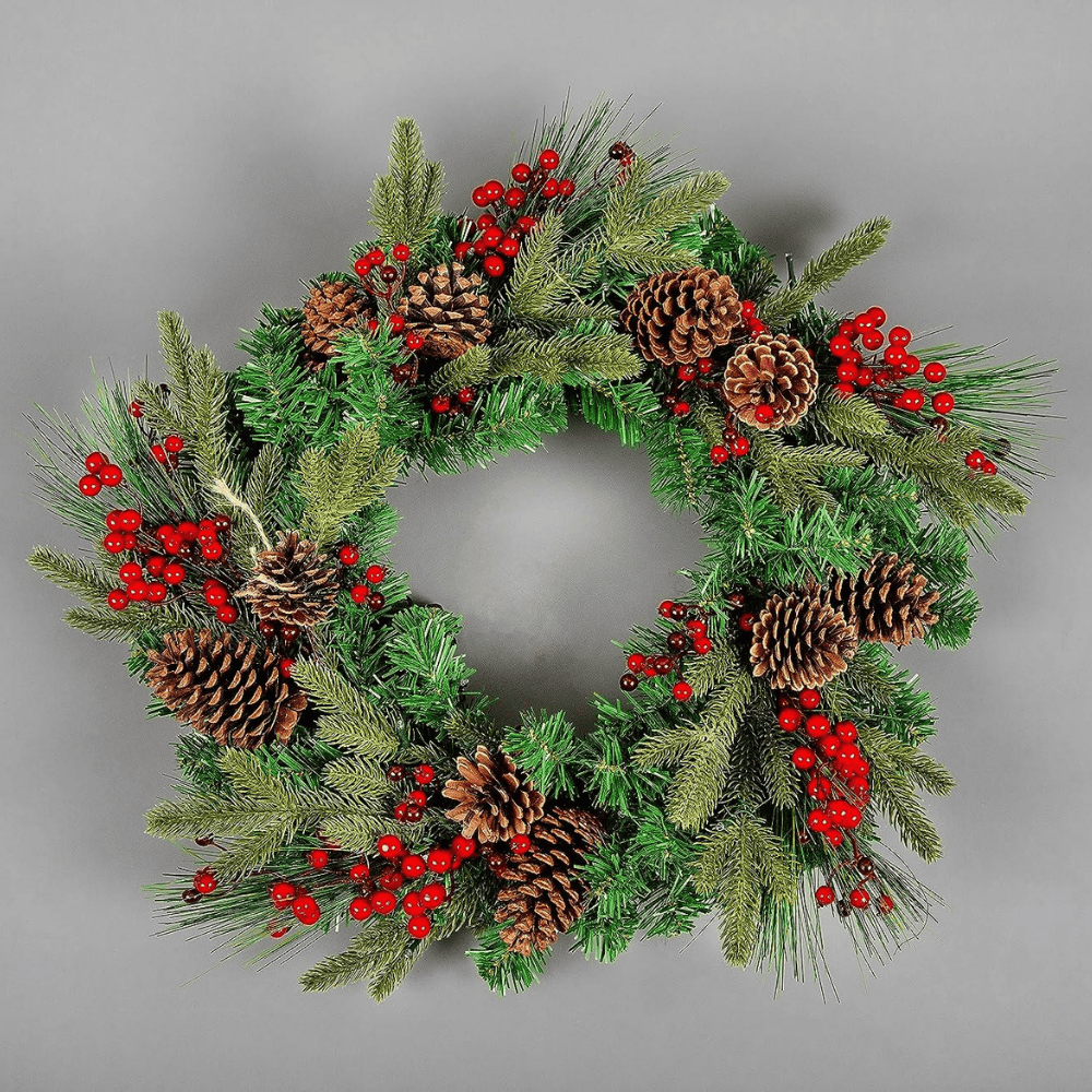 LED Christmas Wreath and Garland with Berries & Cones