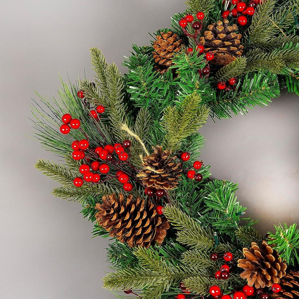 LED Christmas Wreath and Garland with Berries & Cones