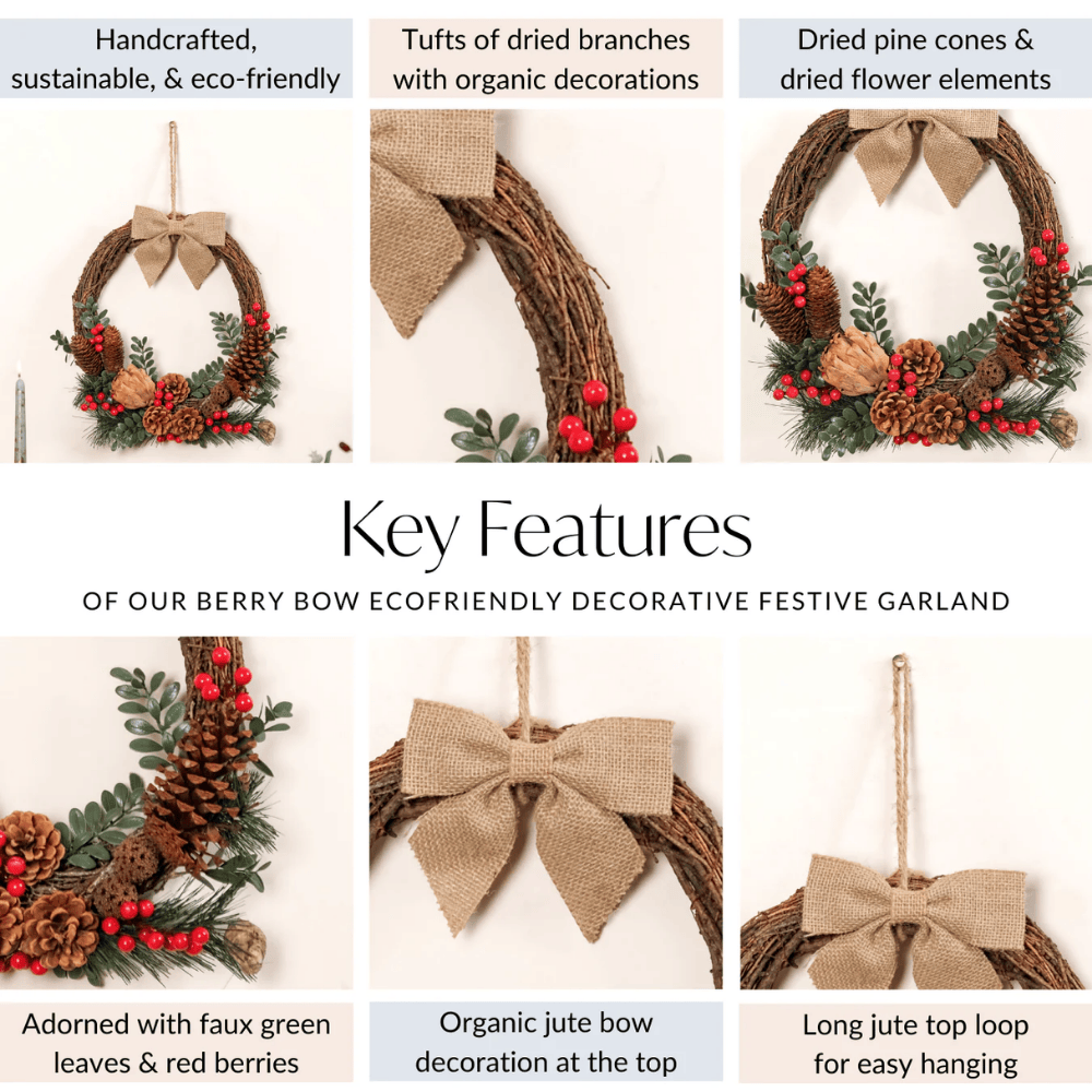 Eco-Friendly Berry Bow Rustic Christmas Decorative Wreath