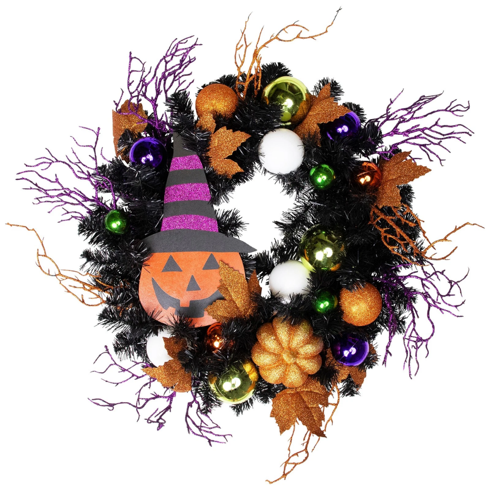 24" Jack-O-Lantern Witch Hat Halloween Pine Wreath
