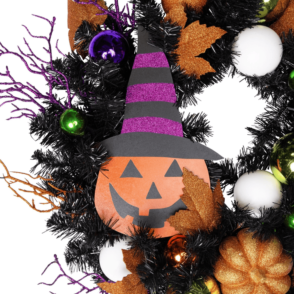 24" Jack-O-Lantern Witch Hat Halloween Pine Wreath