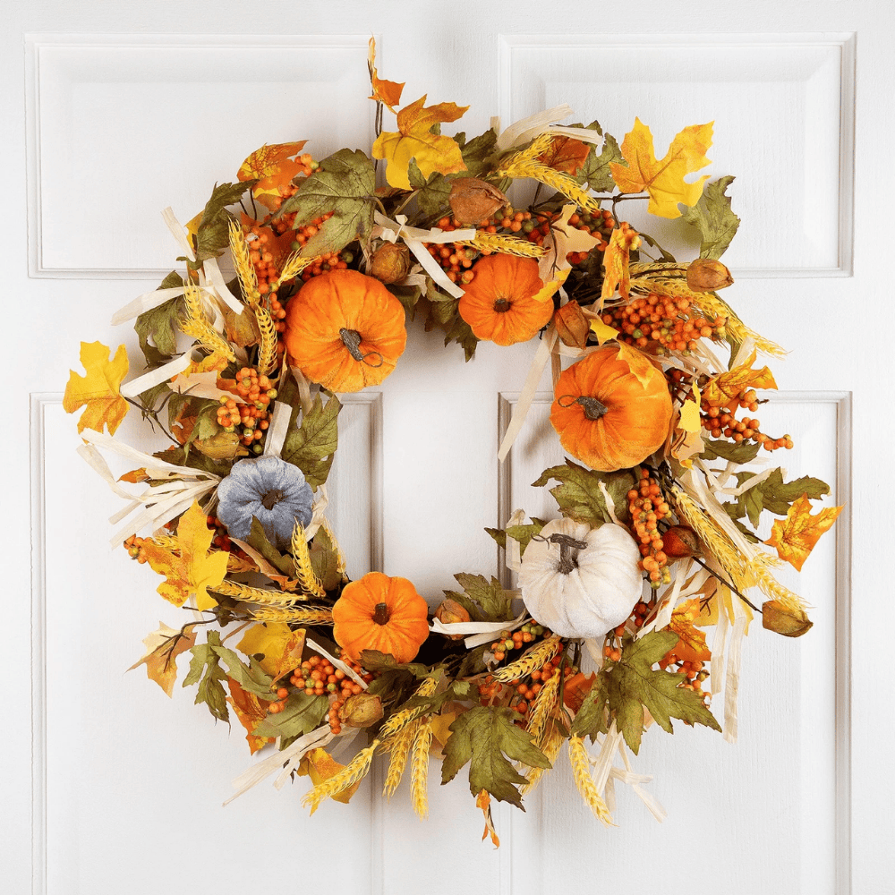 24" Autumn Harvest Velvet Pumpkin Thanksgiving Wreath
