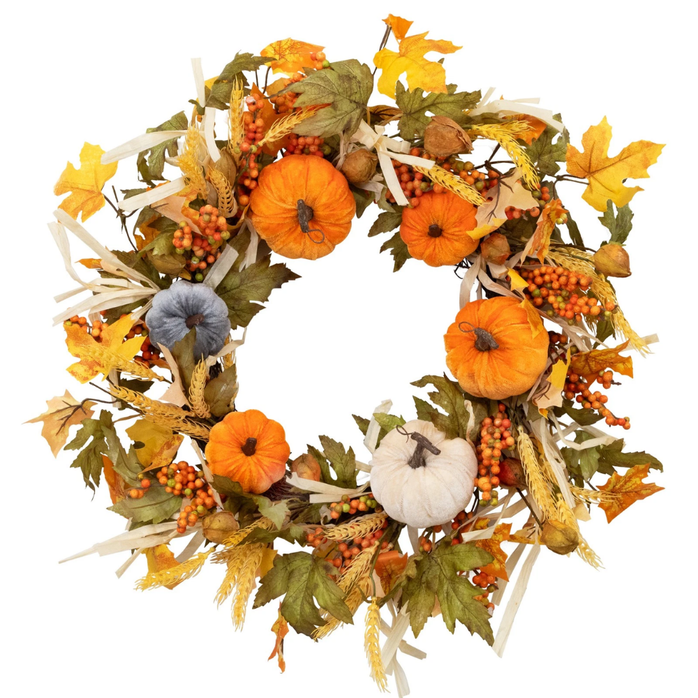 24" Autumn Harvest Velvet Pumpkin Thanksgiving Wreath