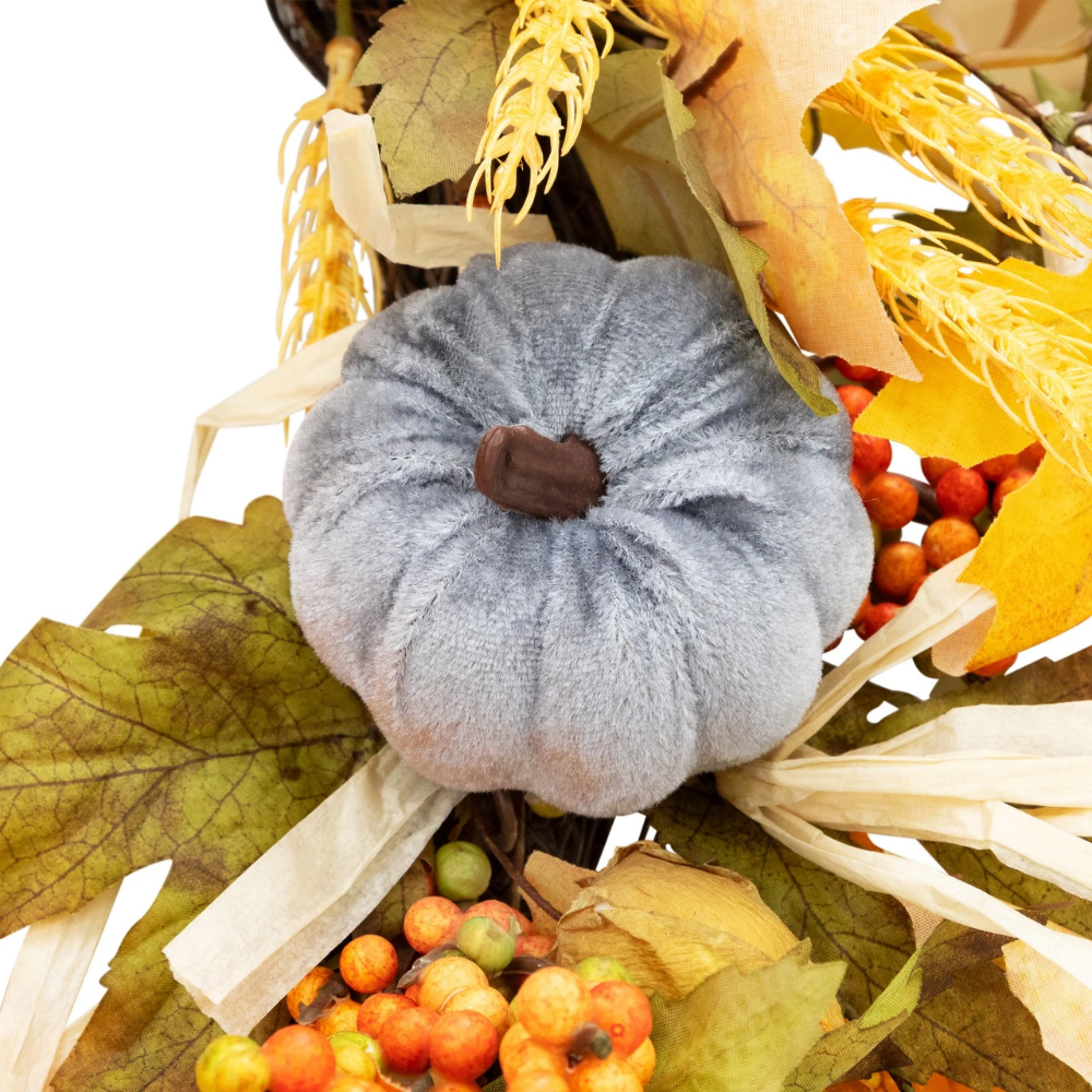 24" Autumn Harvest Velvet Pumpkin Thanksgiving Wreath