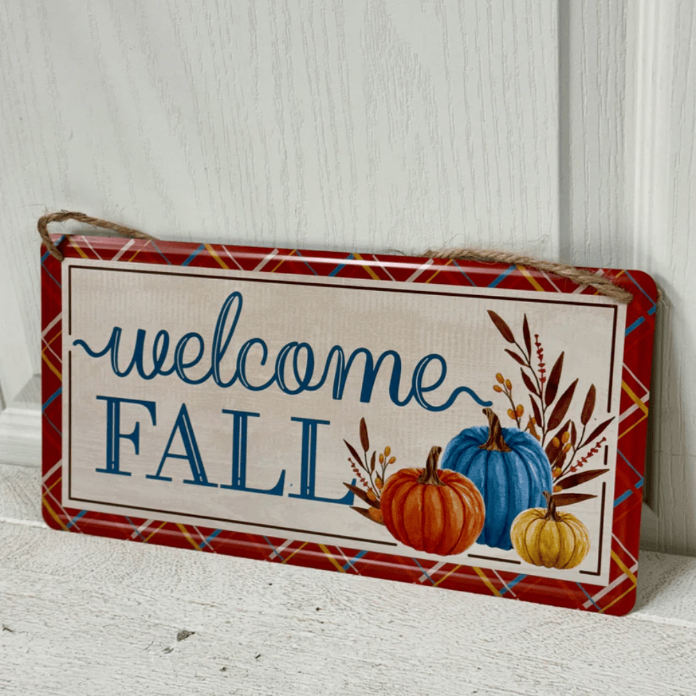 12" Welcome Fall Tin Sign with Pumpkins and Leaves