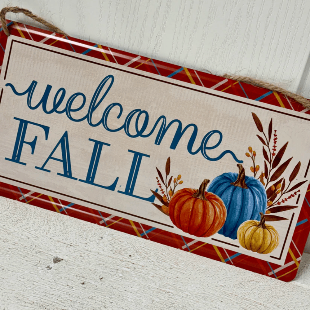 12" Welcome Fall Tin Sign with Pumpkins and Leaves
