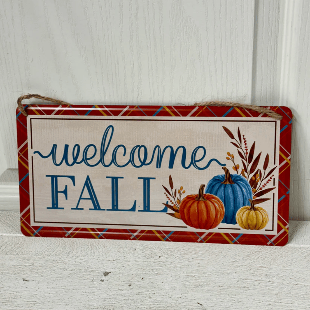 12" Welcome Fall Tin Sign with Pumpkins and Leaves