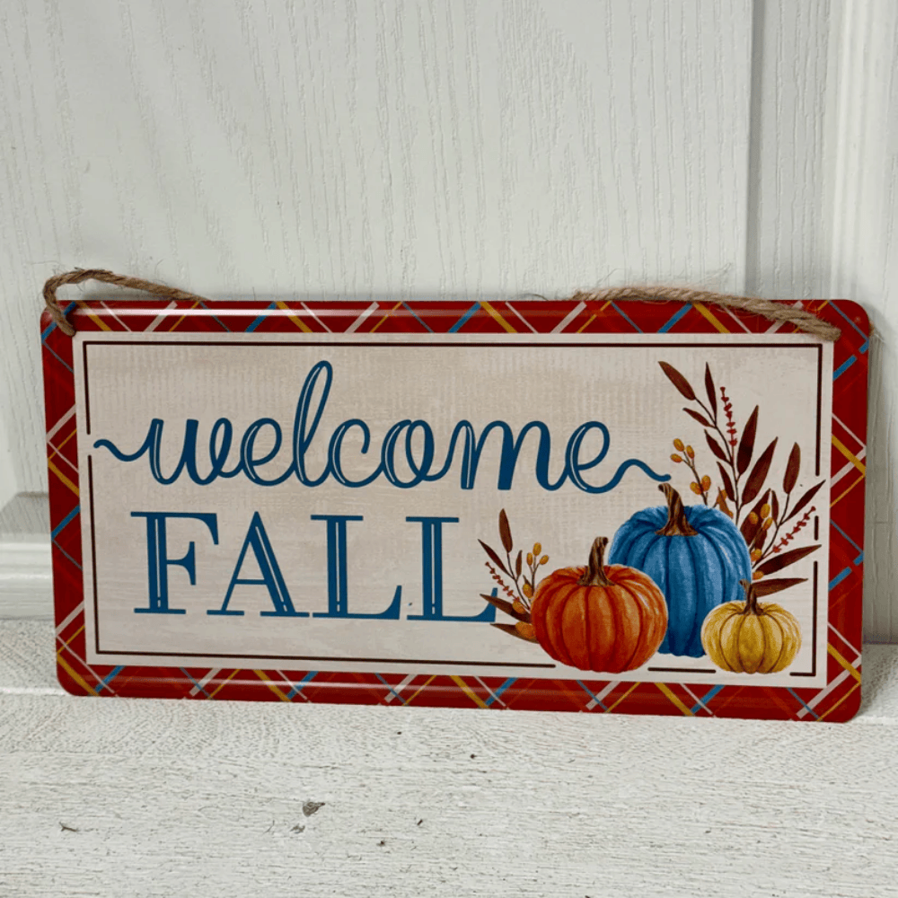 12" Welcome Fall Tin Sign with Pumpkins and Leaves