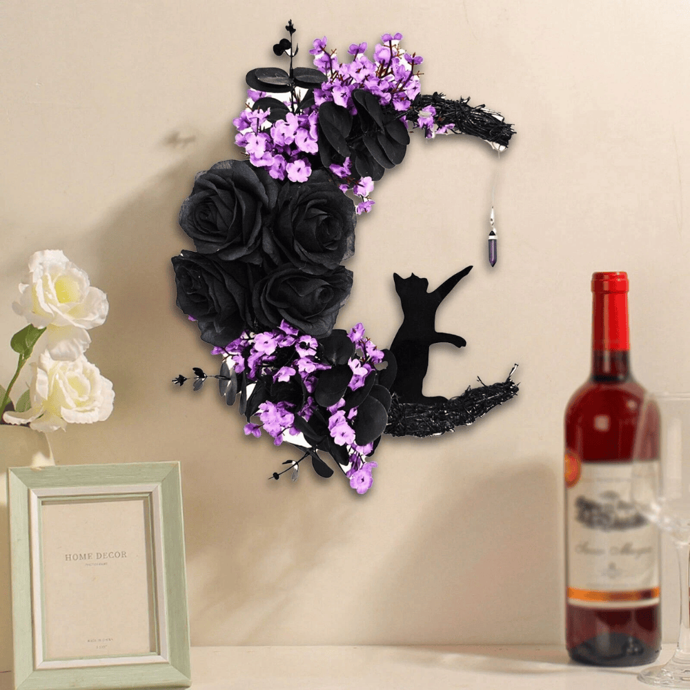 Moon Cat Halloween Wreath with Flowers, Black Door Decoration for Cat Lovers