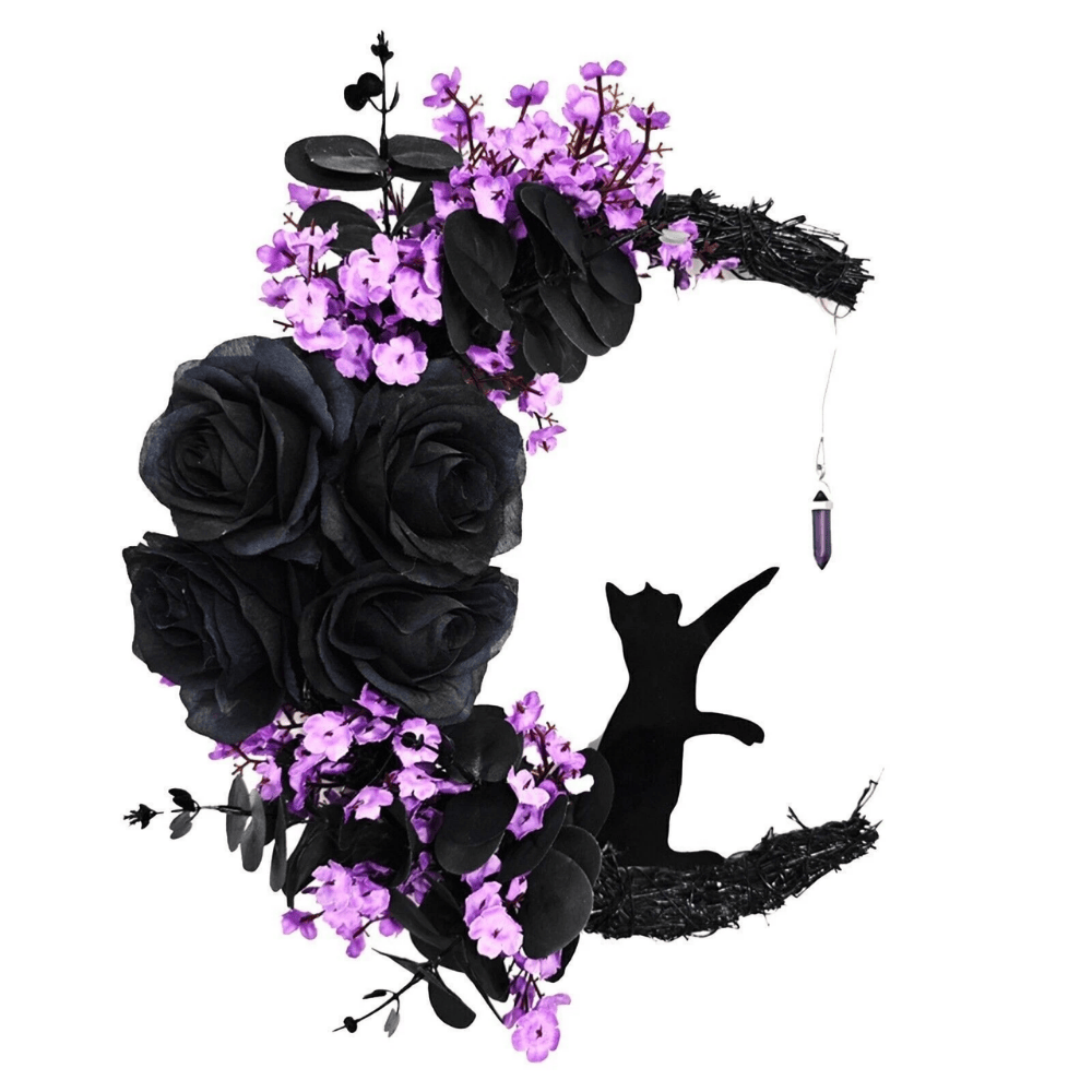 Moon Cat Halloween Wreath with Flowers, Black Door Decoration for Cat Lovers