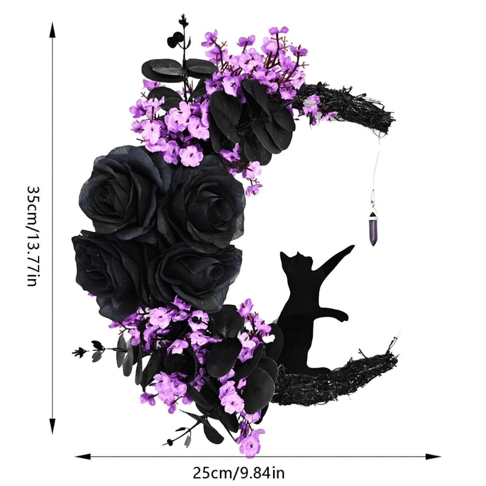Moon Cat Halloween Wreath with Flowers, Black Door Decoration for Cat Lovers