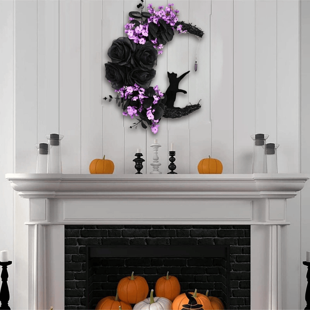 Moon Cat Halloween Wreath with Flowers, Black Door Decoration for Cat Lovers