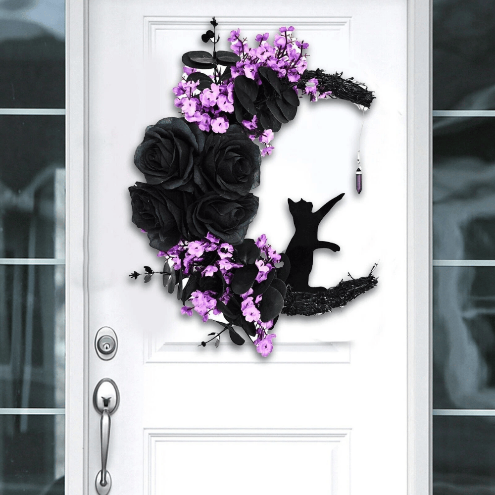 Moon Cat Halloween Wreath with Flowers, Black Door Decoration for Cat Lovers