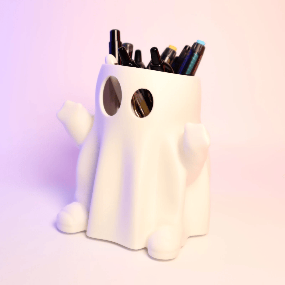 Silly-Eyed Ghost Container Figurine – Small White Plastic Halloween Desk Organizer