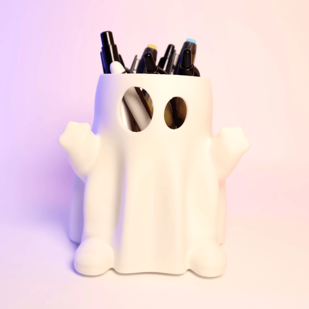 Silly-Eyed Ghost Container Figurine – Small White Plastic Halloween Desk Organizer