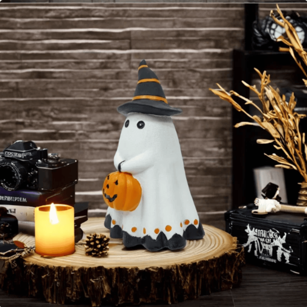 Cute Halloween White Ghost with Pumpkin Tabletop Figurine
