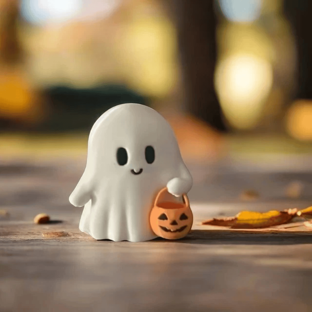 Cute Halloween Ghost Figurine with Pumpkin Basket Decor