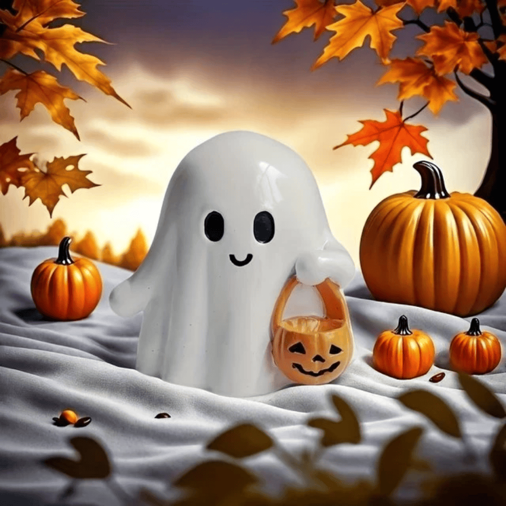 Cute Halloween Ghost Figurine with Pumpkin Basket Decor