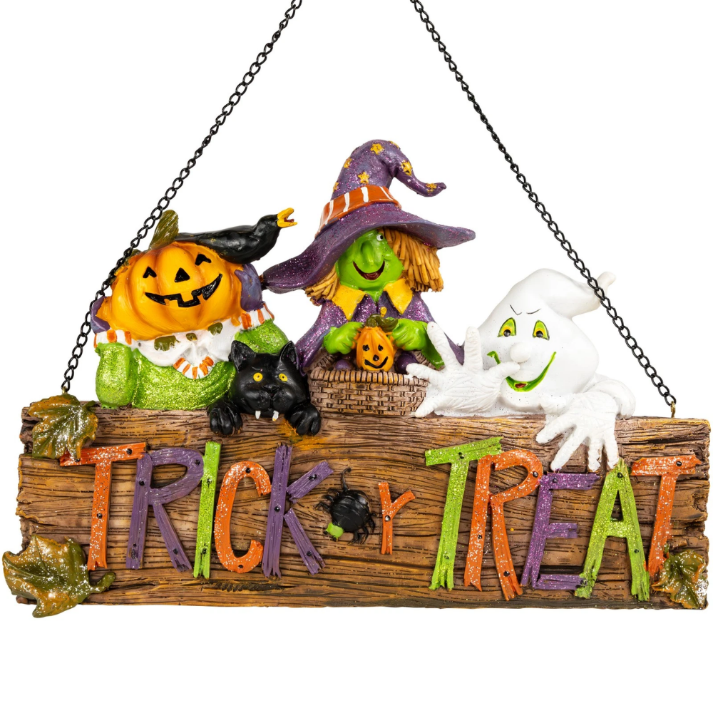 13.5" Halloween Trick-or-Treat Pumpkin Ghost Witch Wall Decor