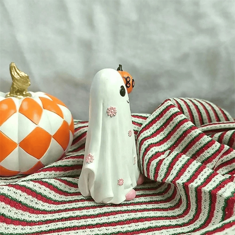 Cute Halloween Ghost Figurine Holding Pumpkin Ornament