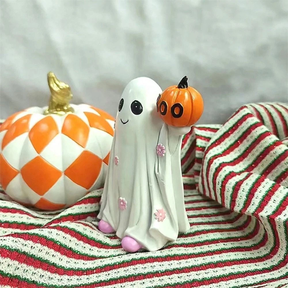 Cute Halloween Ghost Figurine Holding Pumpkin Ornament