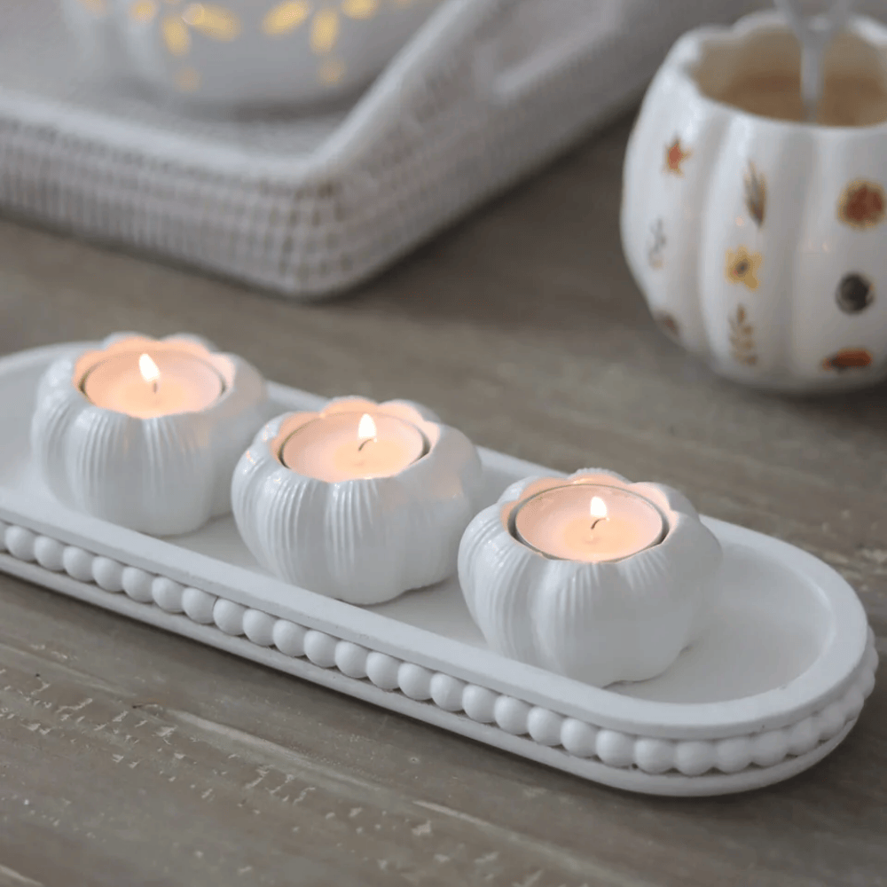 Set of 3 White Ceramic Pumpkin Halloween Tea Light Holders