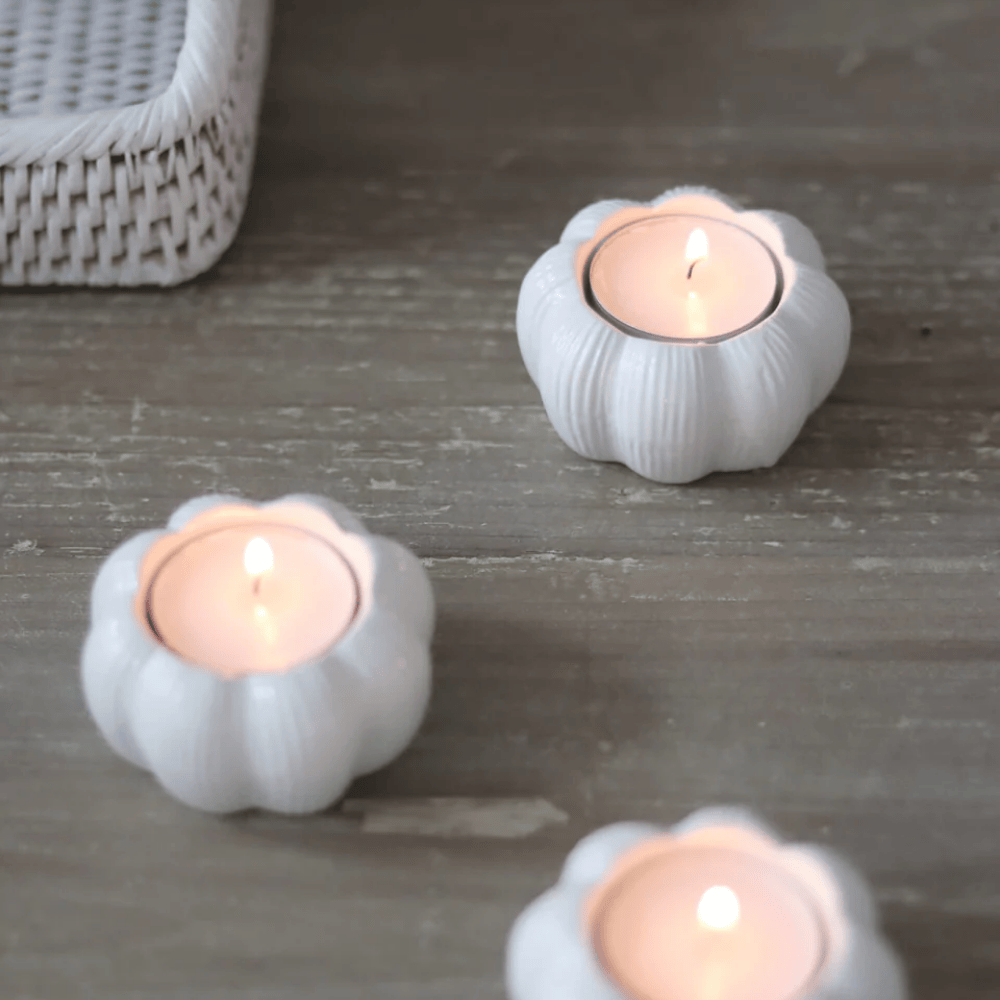 Set of 3 White Ceramic Pumpkin Halloween Tea Light Holders