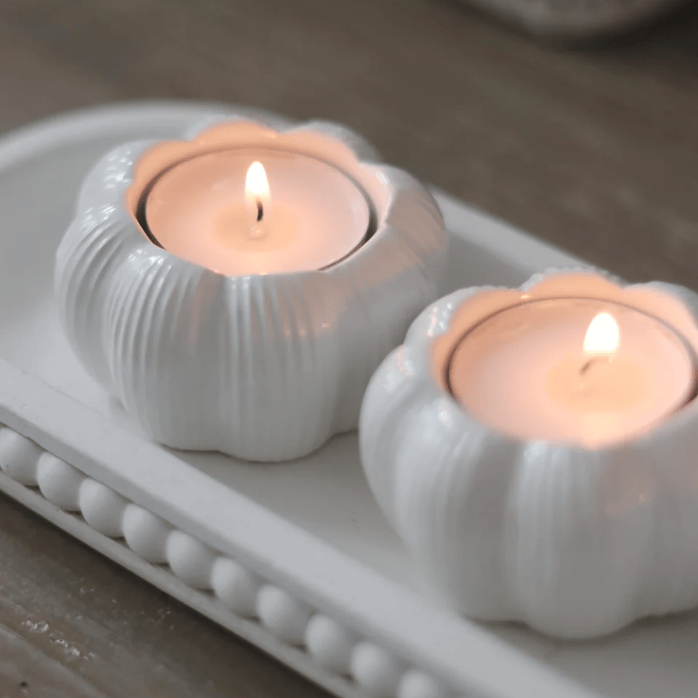 Set of 3 White Ceramic Pumpkin Halloween Tea Light Holders