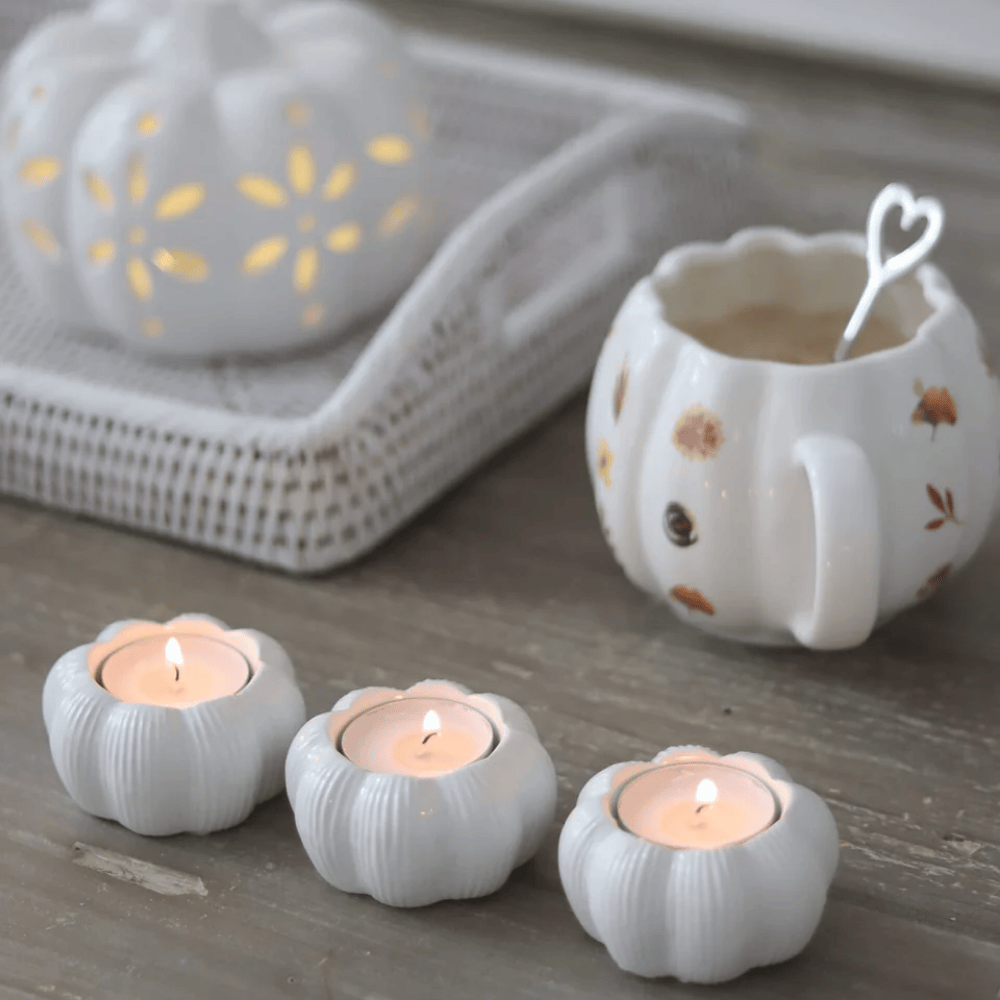 Set of 3 White Ceramic Pumpkin Halloween Tea Light Holders