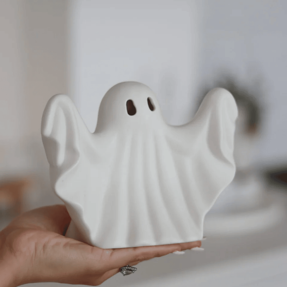 Minimalist White Ceramic Halloween Ghost Ornaments Set of 2