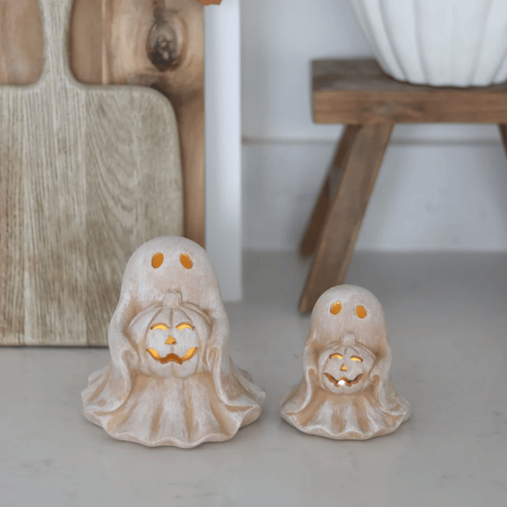 Set of 2 Terracotta Ghosts Holding Pumpkins for Halloween
