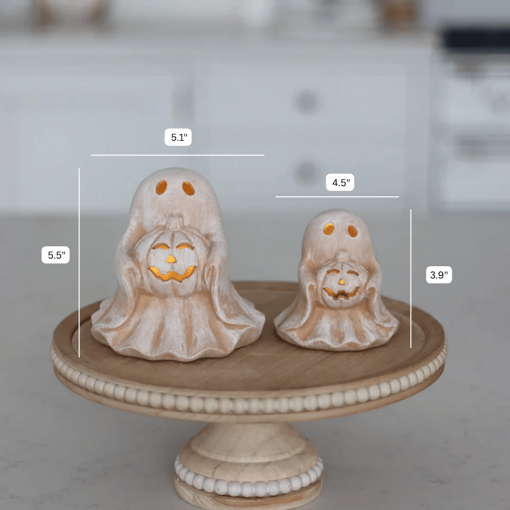 Set of 2 Terracotta Ghosts Holding Pumpkins for Halloween